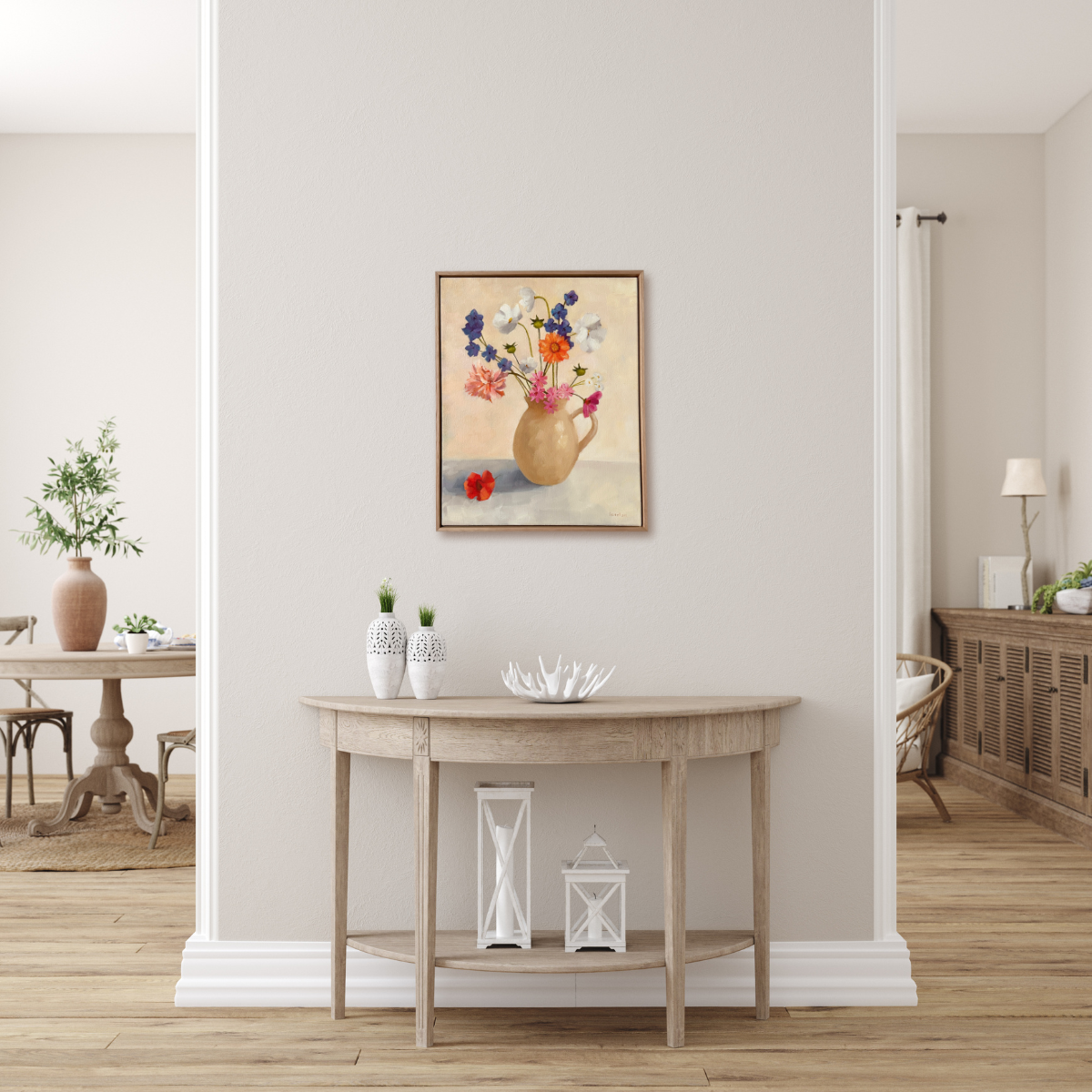 original contemporary oil painting by australian artist yani lenehan of a flower arrangement design in a coastal home setting