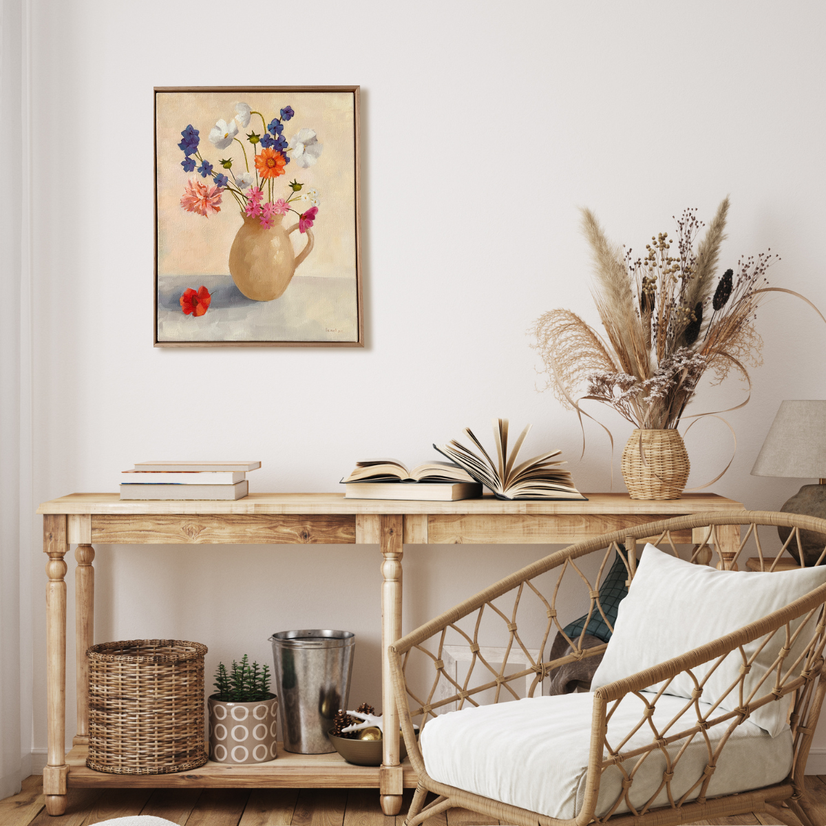 original contemporary oil painting by australian artist yani lenehan of a flower arrangement design in a coastal home setting