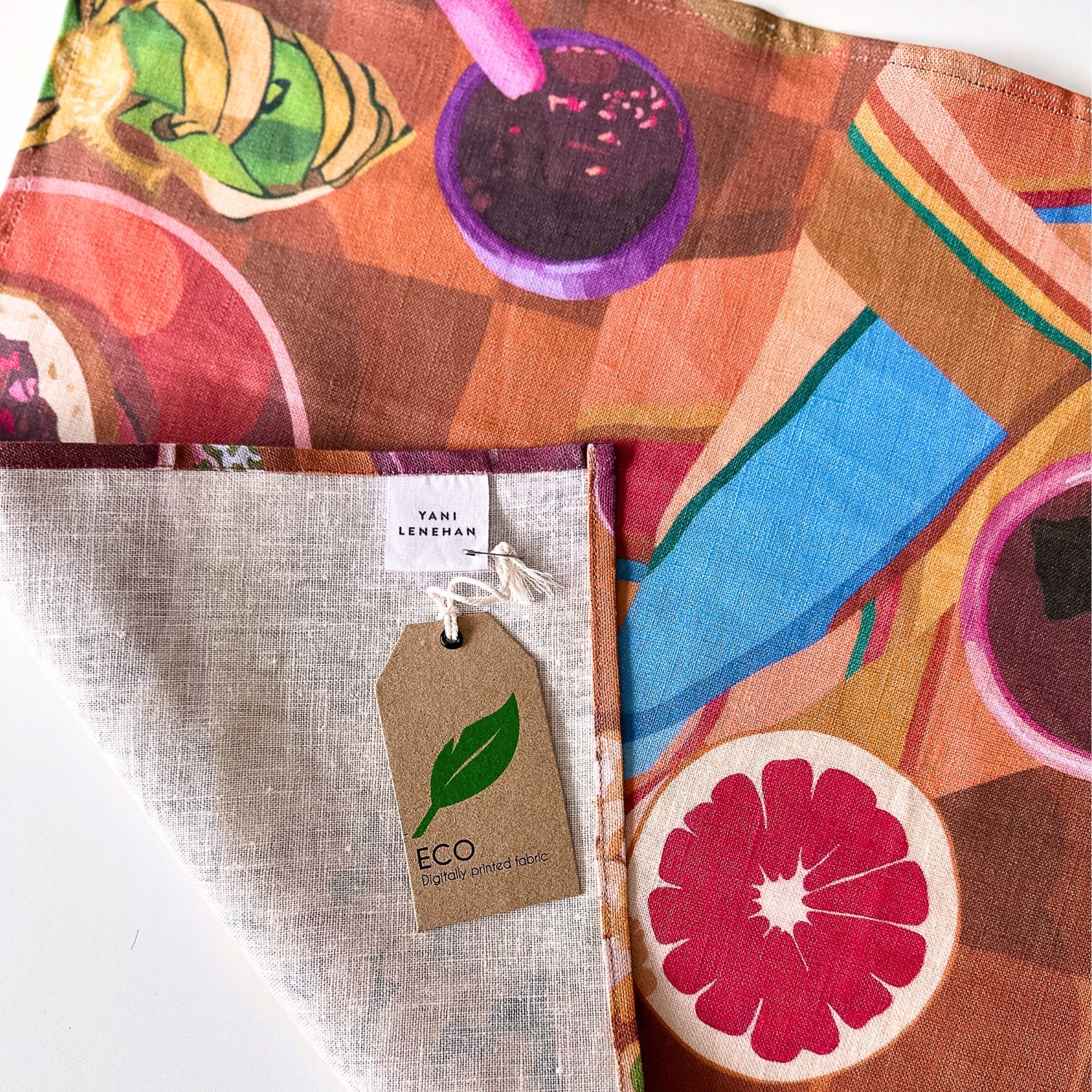 100% pure linen contemporary colourful fruit art tea towel