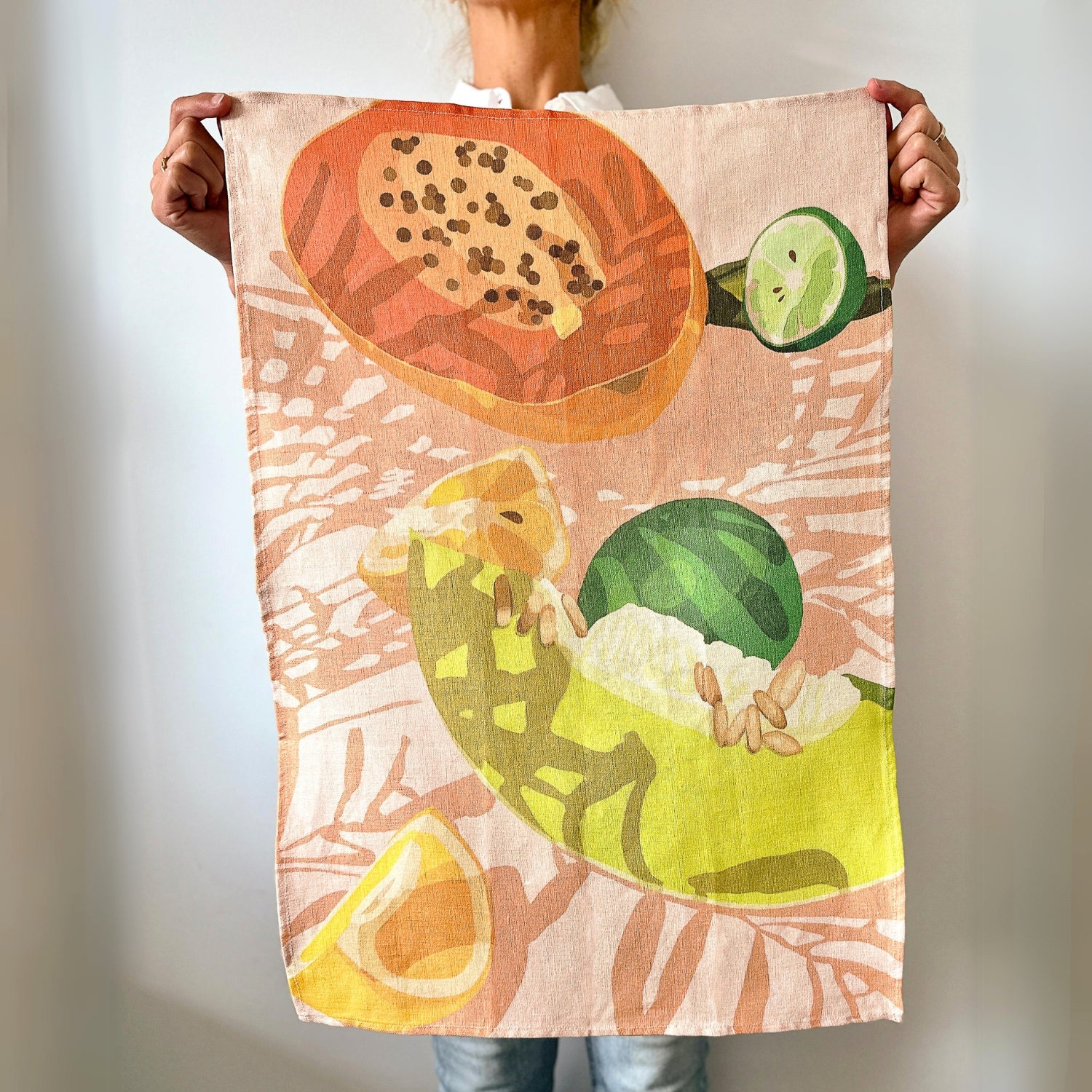 100% pure linen contemporary colourful fruit art tea towel