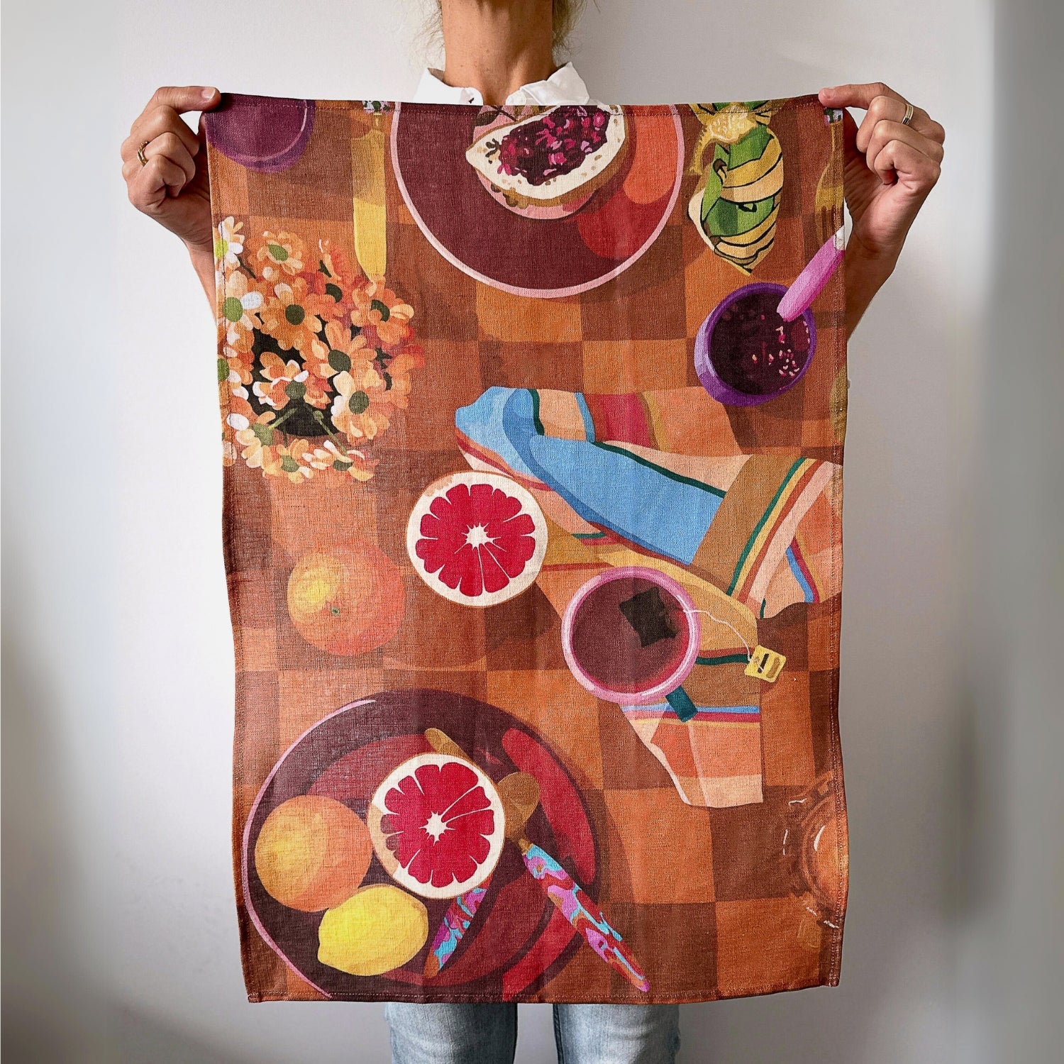 100% pure linen contemporary colourful fruit art tea towel