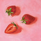 modern and contemporary original oil painting of bright red strawberries on a textured pink background