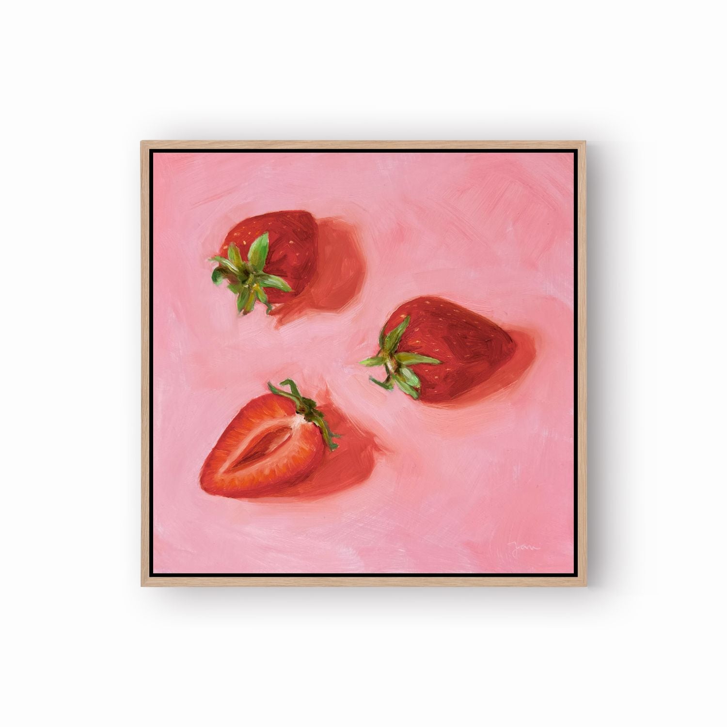 modern and contemporary original oil painting of bright red strawberries on a textured pink background