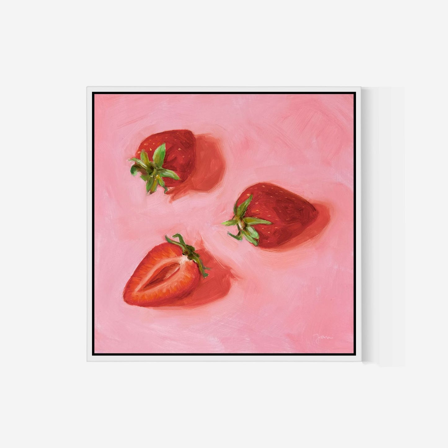 modern and contemporary original oil painting of bright red strawberries on a textured pink background