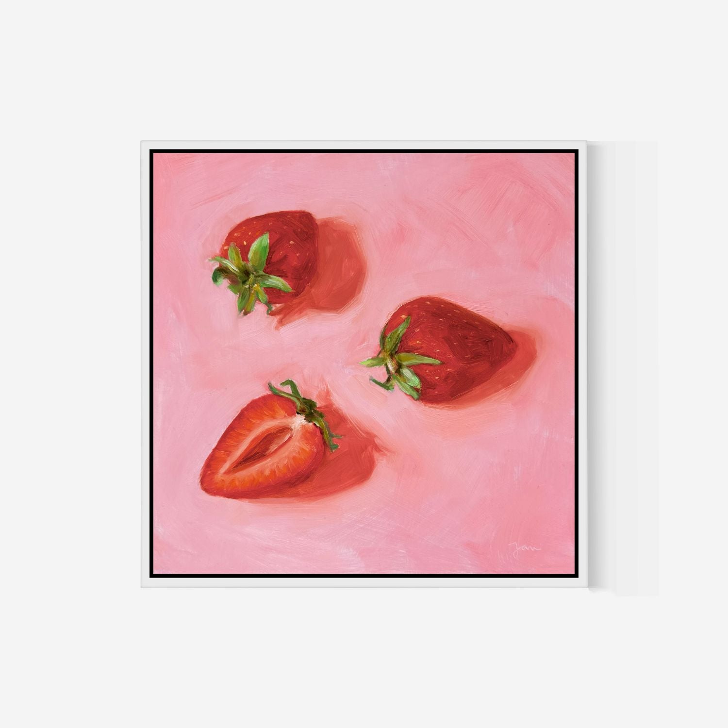 modern and contemporary original oil painting of bright red strawberries on a textured pink background