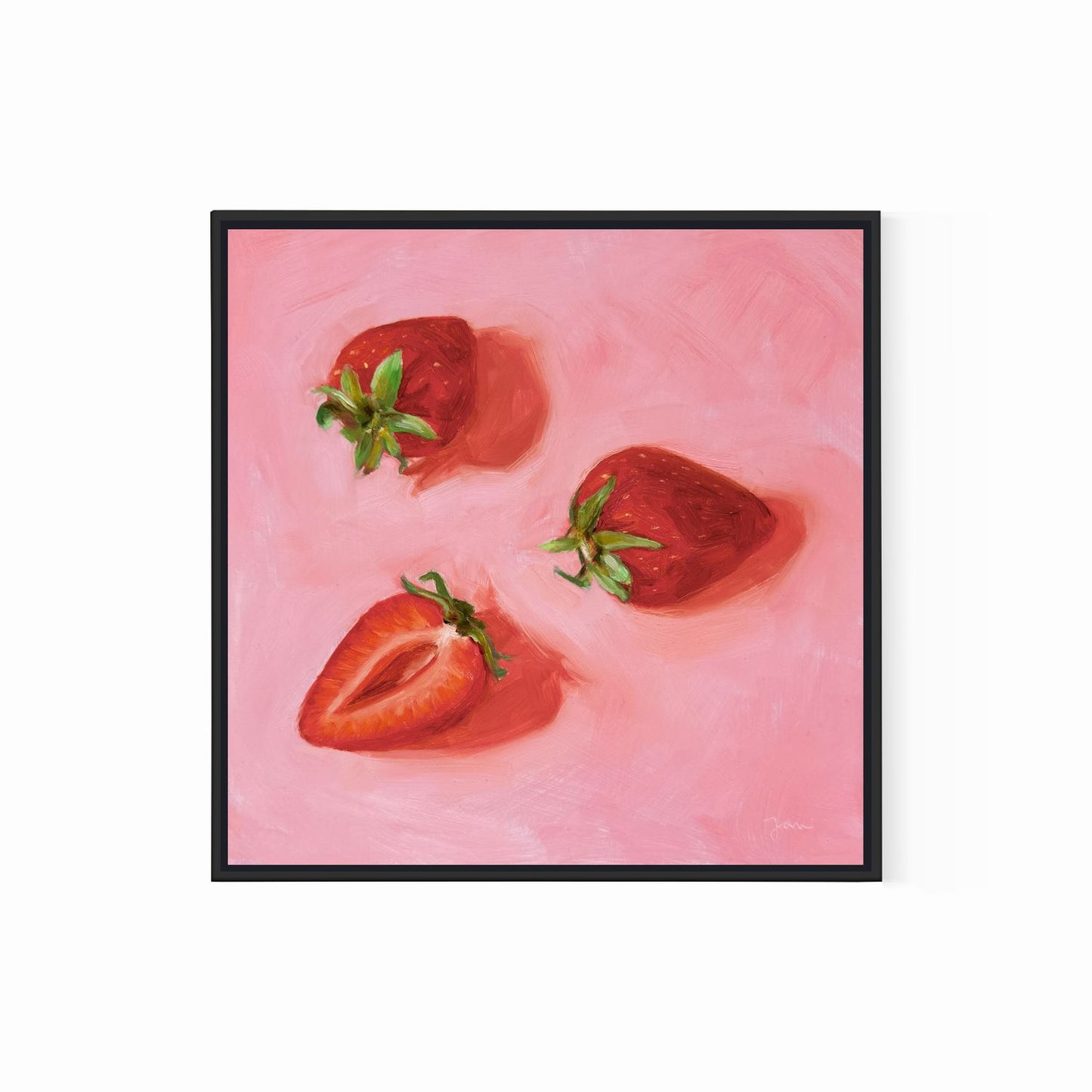 modern and contemporary original oil painting of bright red strawberries on a textured pink background