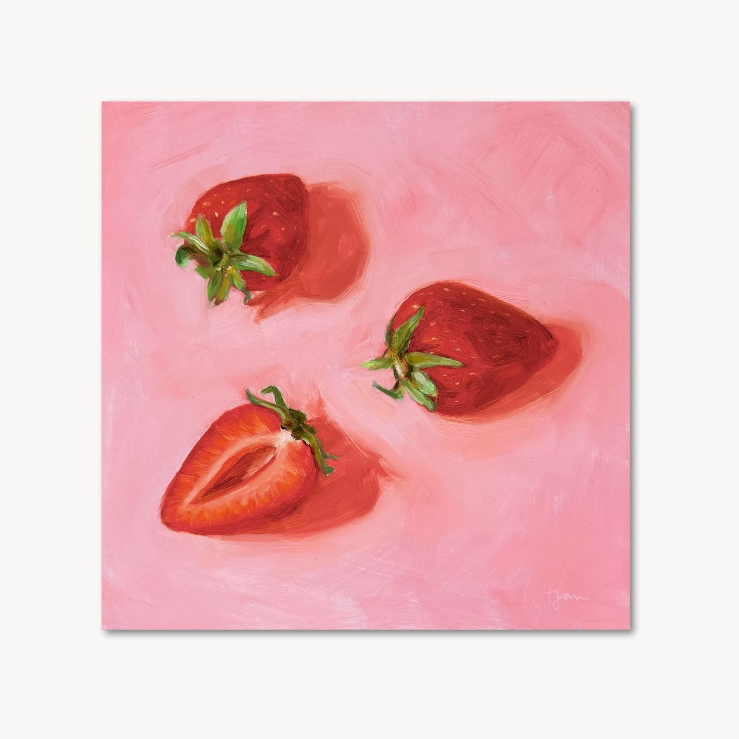 modern and contemporary original oil painting of bright red strawberries on a textured pink background