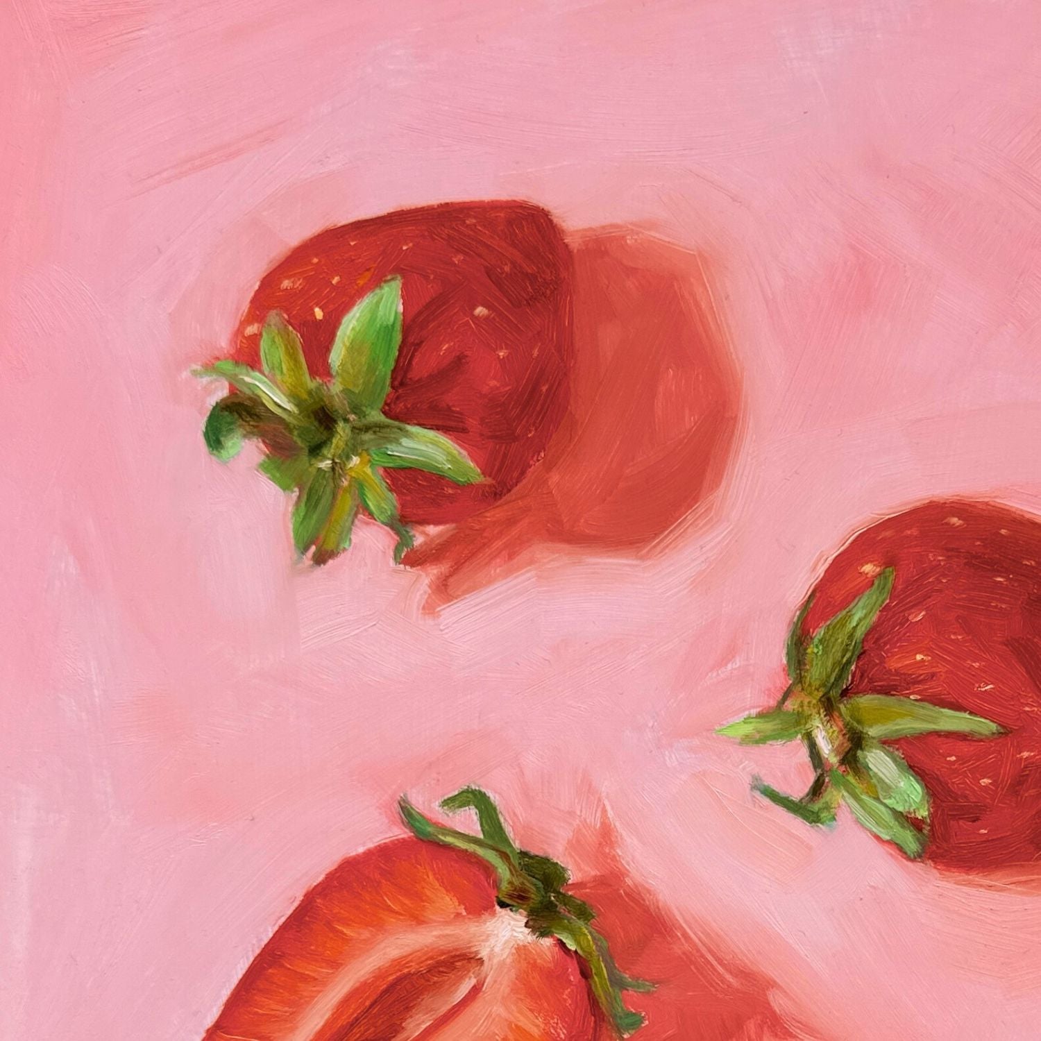 modern and contemporary original oil painting of bright red strawberries on a textured pink background