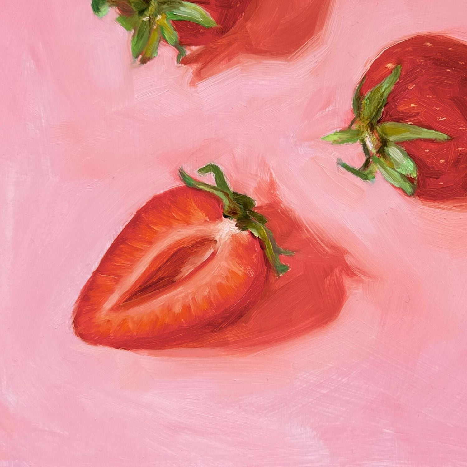 modern and contemporary original oil painting of bright red strawberries on a textured pink background