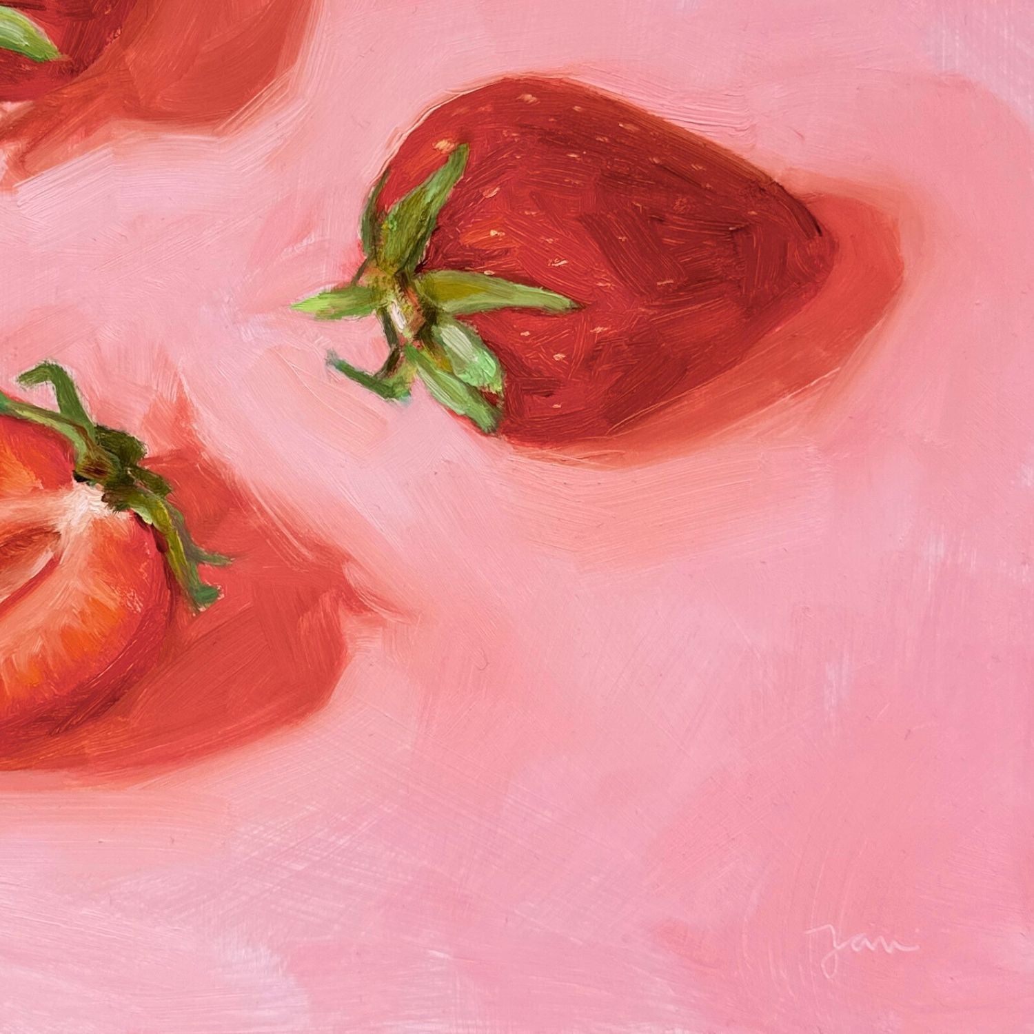 modern and contemporary original oil painting of bright red strawberries on a textured pink background