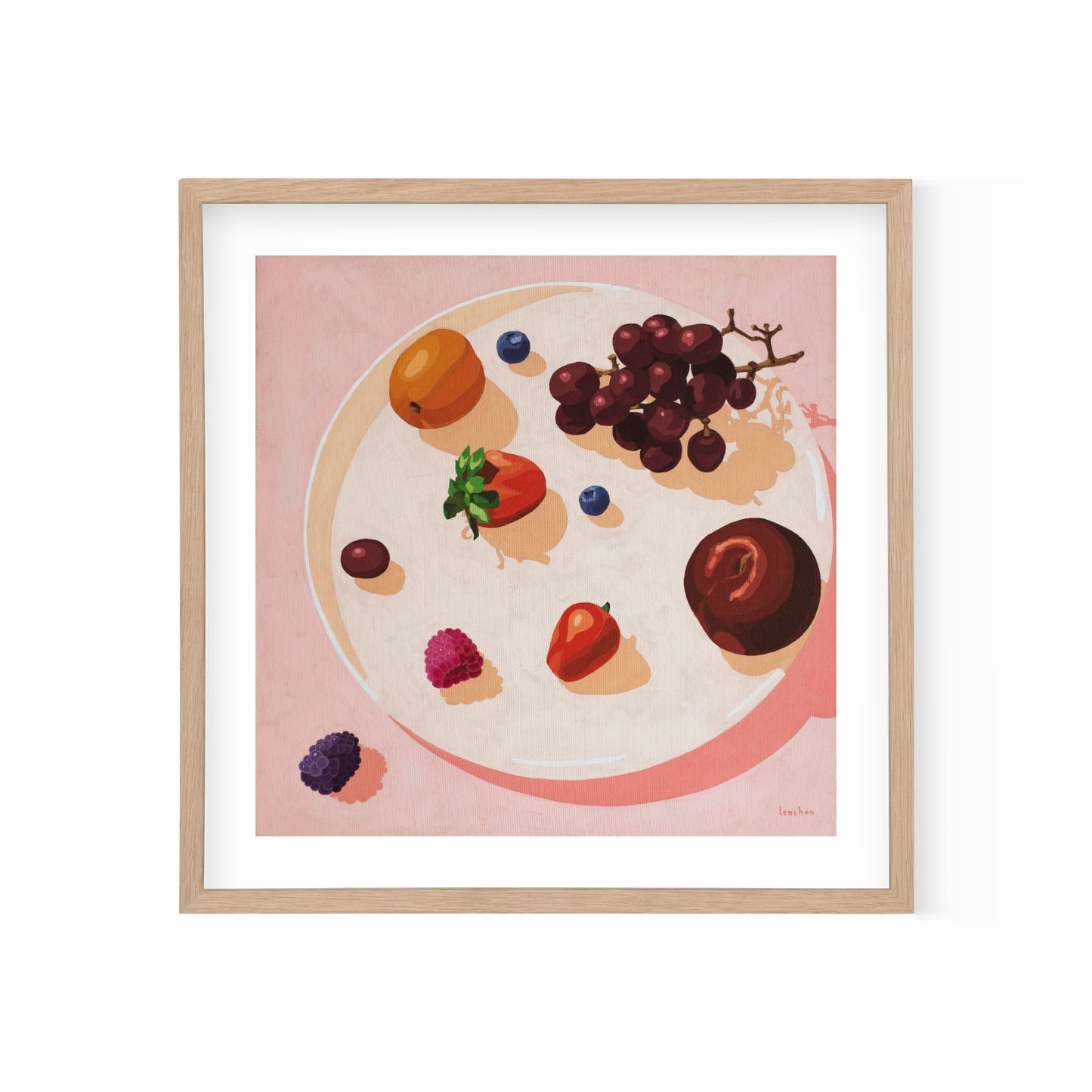 fine art print of a plate with fruits on top, plum, blueberries, blackberry, strawberry, raspberry, grapes and an apricot with a soft pink background