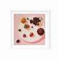 fine art print of a plate with fruits on top, plum, blueberries, blackberry, strawberry, raspberry, grapes and an apricot with a soft pink background