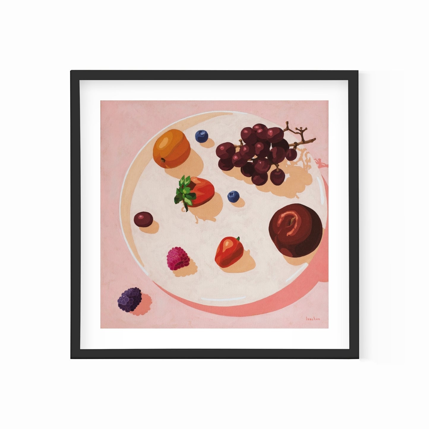 fine art print of a plate with fruits on top, plum, blueberries, blackberry, strawberry, raspberry, grapes and an apricot with a soft pink background