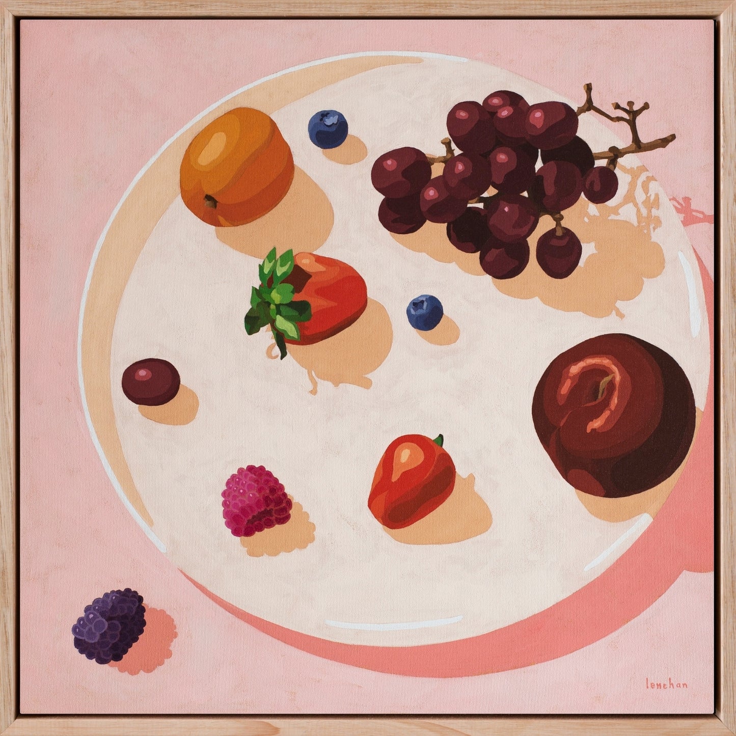 fine art print of a plate with fruits on top, plum, blueberries, blackberry, strawberry, raspberry, grapes and an apricot with a soft pink background