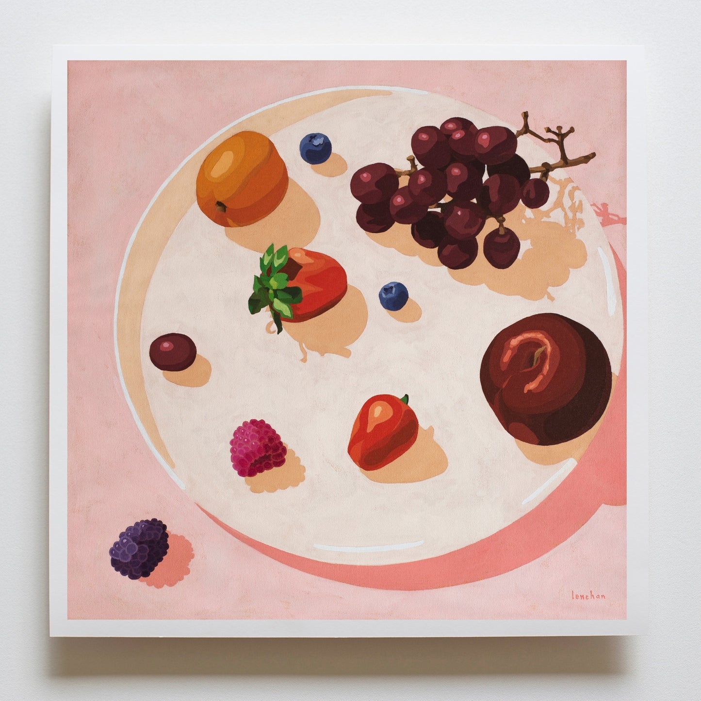fine art print of a plate with fruits on top, plum, blueberries, blackberry, strawberry, raspberry, grapes and an apricot with a soft pink background