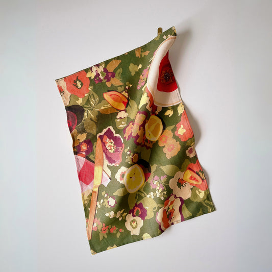 100% pure linen contemporary colourful fruit art tea towel
