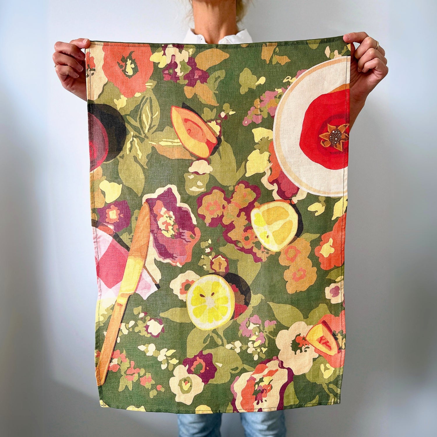 100% pure linen contemporary colourful fruit art tea towel