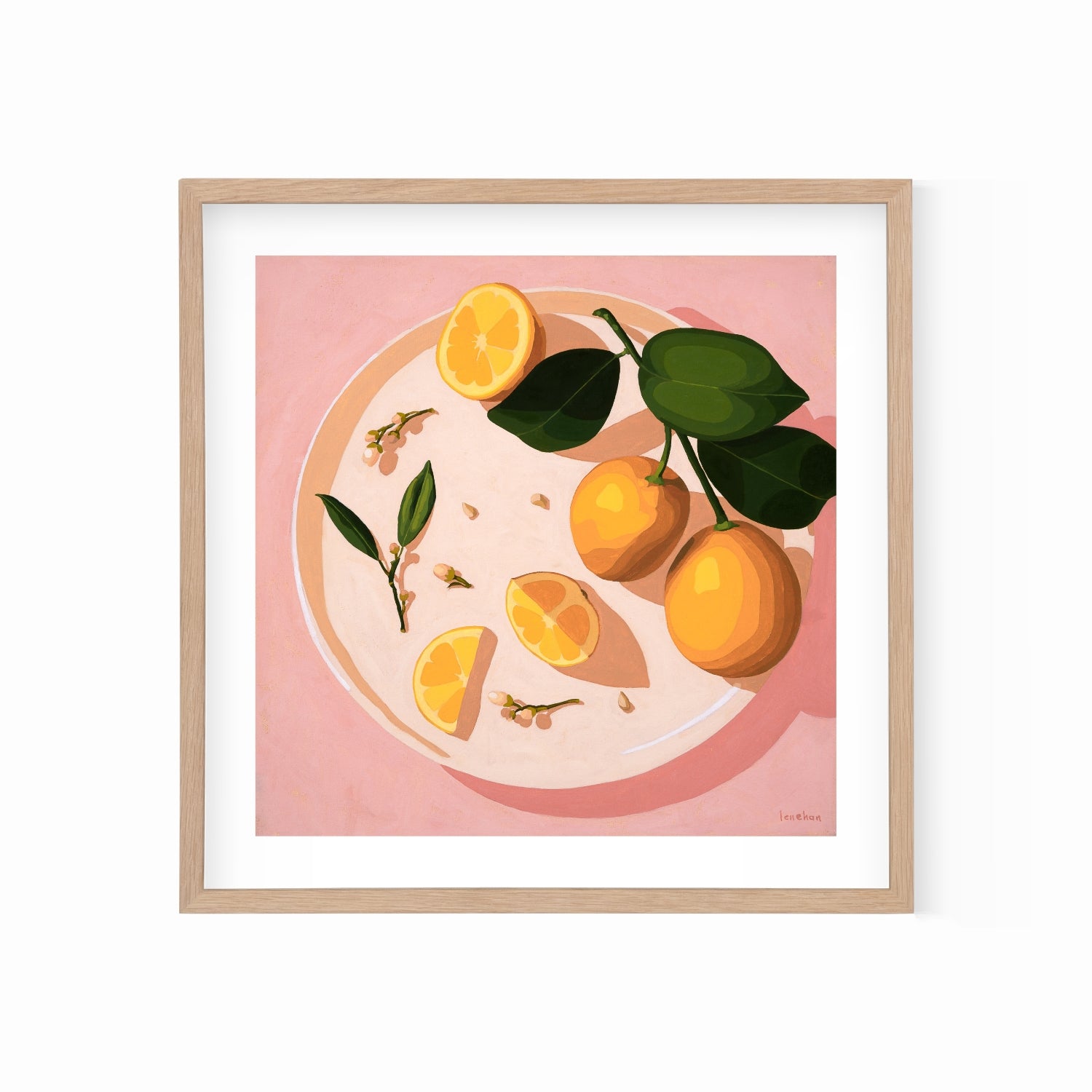 fine art print of a colorful and modern original oil painting of bright yellow lemons on a warm pink background with strong shadows