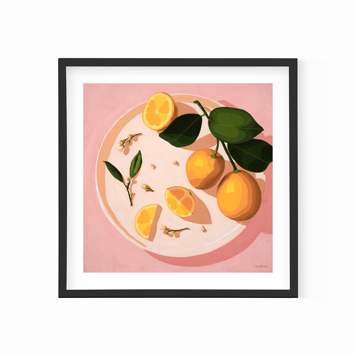 fine art print of a colorful and modern original oil painting of bright yellow lemons on a warm pink background with strong shadows