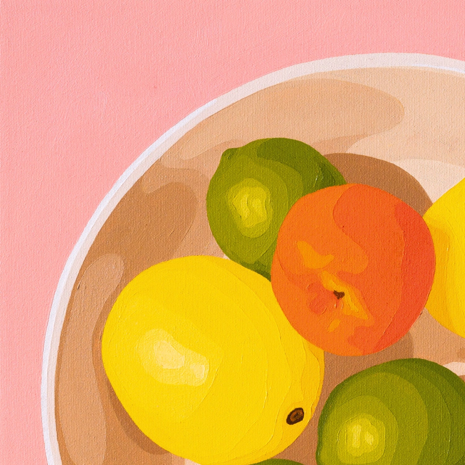 contemporary modern original oil painting of colourful lemons, mandarines and lime fruits in a bowl on a soft pink background
