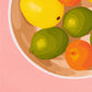 contemporary modern original oil painting of colourful lemons, mandarines and lime fruits in a bowl on a soft pink background