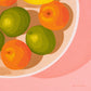 contemporary modern original oil painting of colourful lemons, mandarines and lime fruits in a bowl on a soft pink background