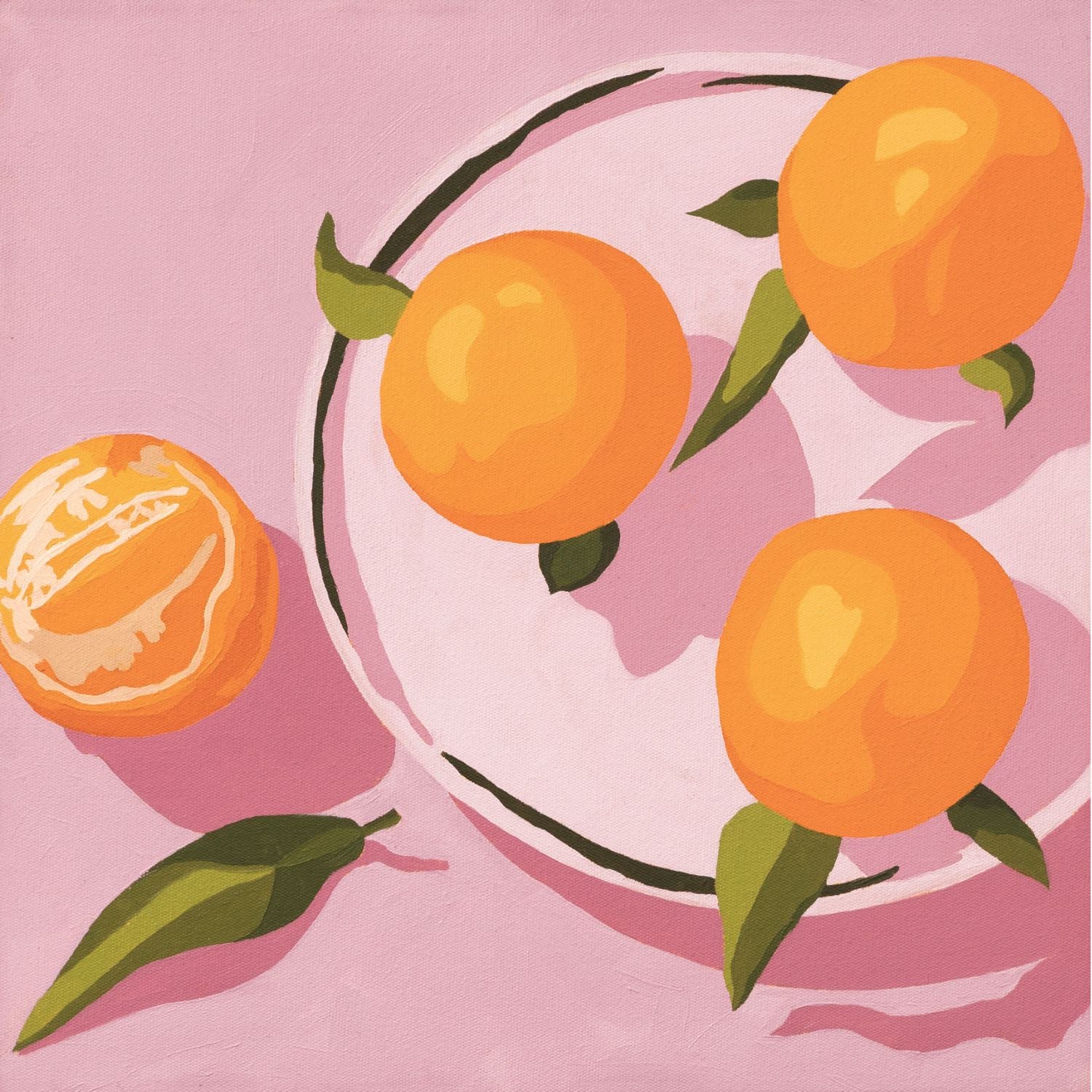 original oil painting of mandarines with green leaves on a light pinky lavender plate and background