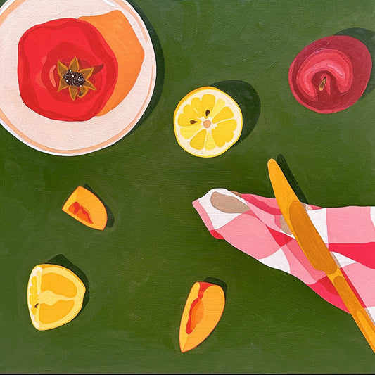 contemporary modern original oil painting of colourful fruits on a deep green background