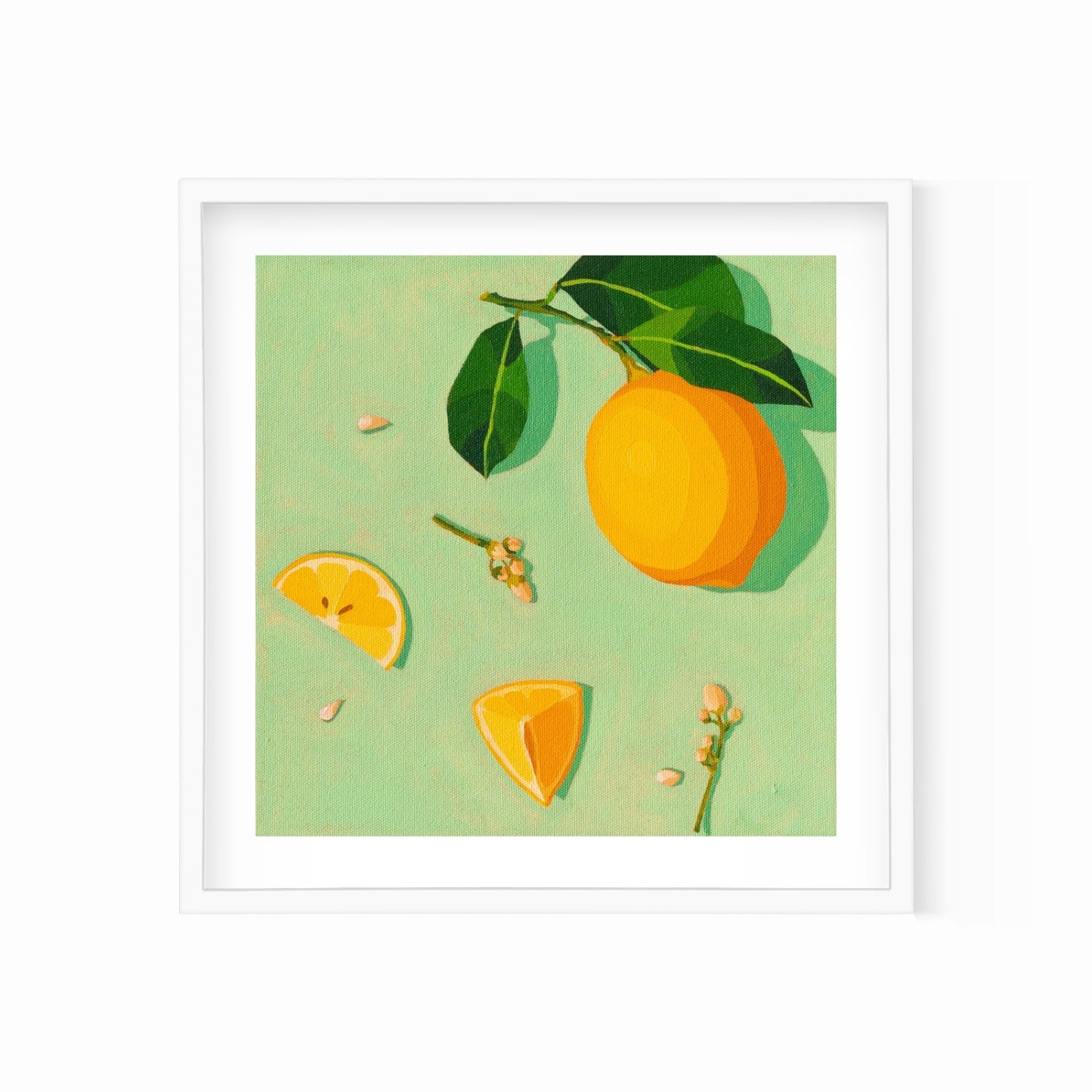 fine art print of a colorful and modern original oil painting of bright yellow lemons on aacqua green background with strong shadows