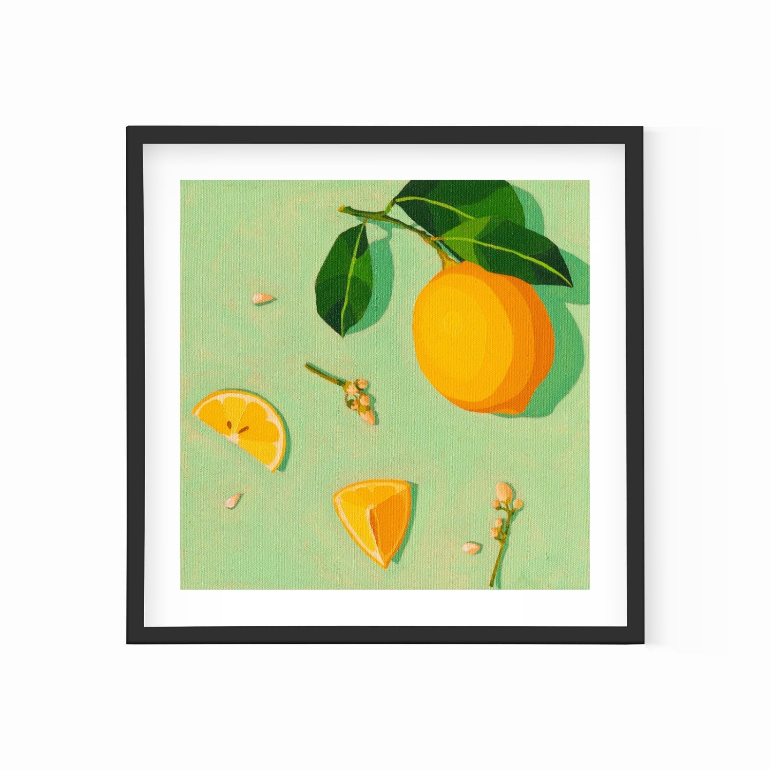fine art print of a colorful and modern original oil painting of bright yellow lemons on aacqua green background with strong shadows
