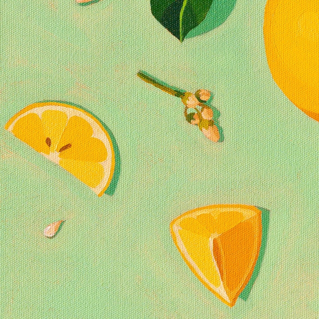 closeup of a fine art print of a lemon with stem and leaves and a lemon slice and lemon wedge with little buds and lemon seeds on green acqua background