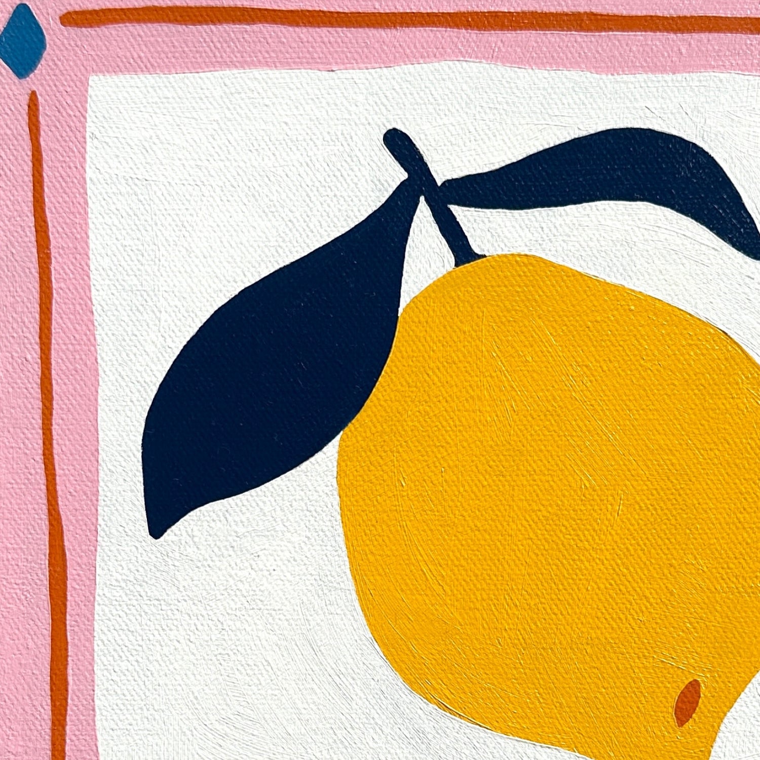 colorful modern and contemporary original oil artwork of a bright yellow lemon with navy blue leaves and a pink border by emerging australian artist yani lenehan