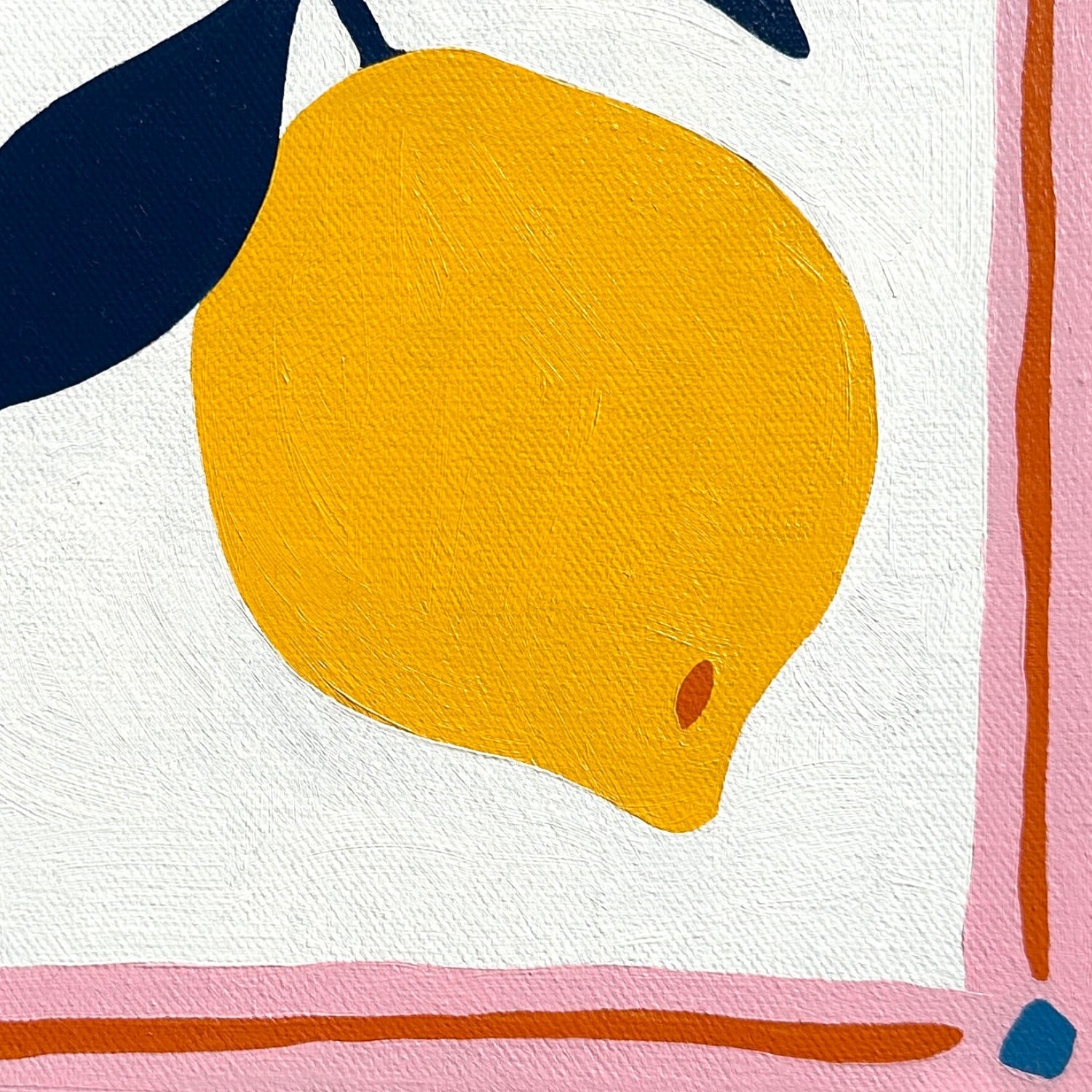colorful modern and contemporary original oil artwork of a bright yellow lemon with navy blue leaves and a pink border by emerging australian artist yani lenehan