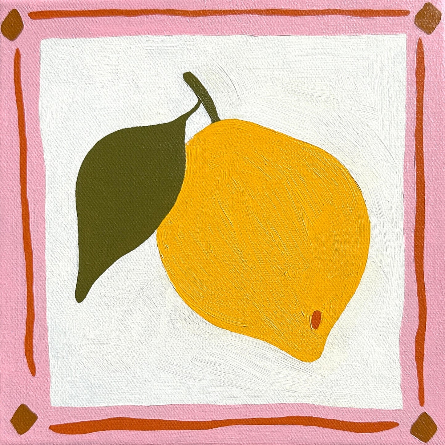 colorful modern and contemporary original oil artwork of a bright yellow lemon with olive green leaves and a pink border by emerging australian artist yani lenehan