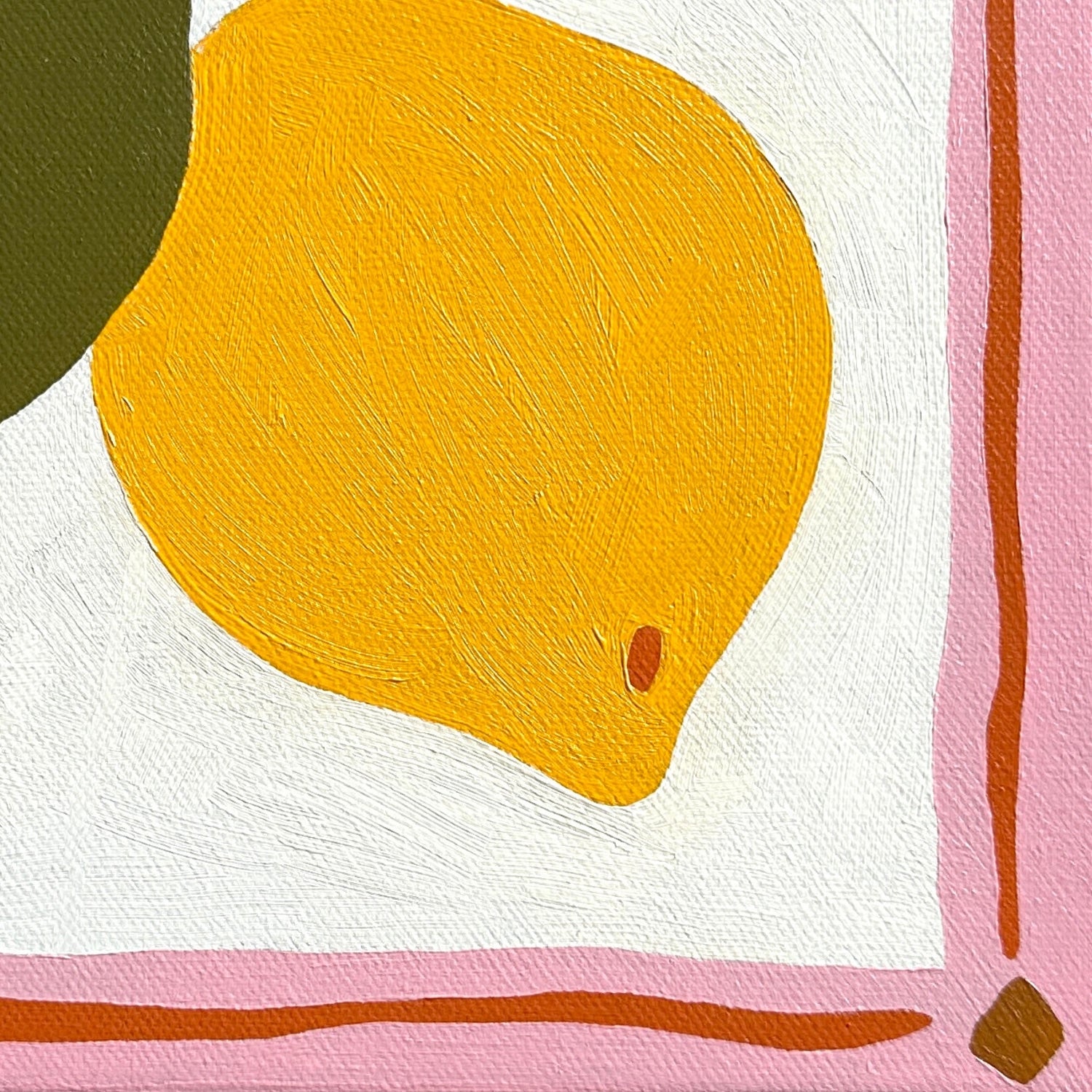 colorful modern and contemporary original oil artwork of a bright yellow lemon with olive green leaves and a pink border by emerging australian artist yani lenehan