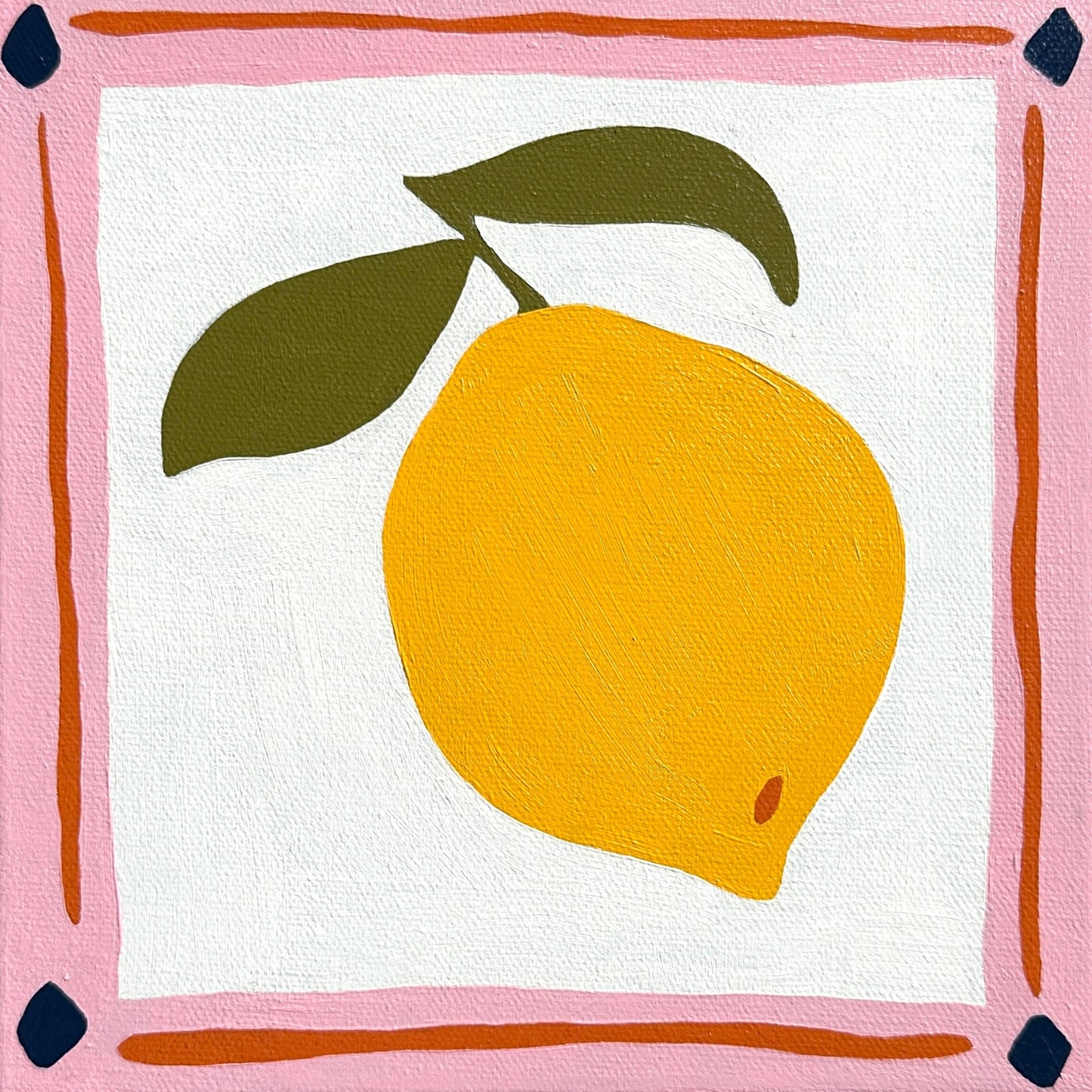 colorful modern and contemporary original oil artwork of a bright yellow lemon with olive green leaves and a pink border by emerging australian artist yani lenehan