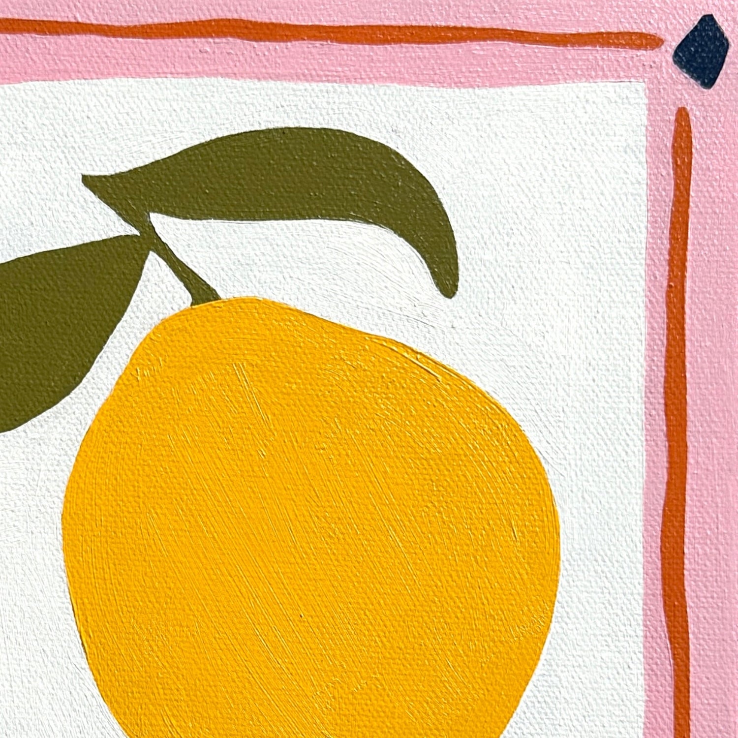 colorful modern and contemporary original oil artwork of a bright yellow lemon with olive green leaves and a pink border by emerging australian artist yani lenehan