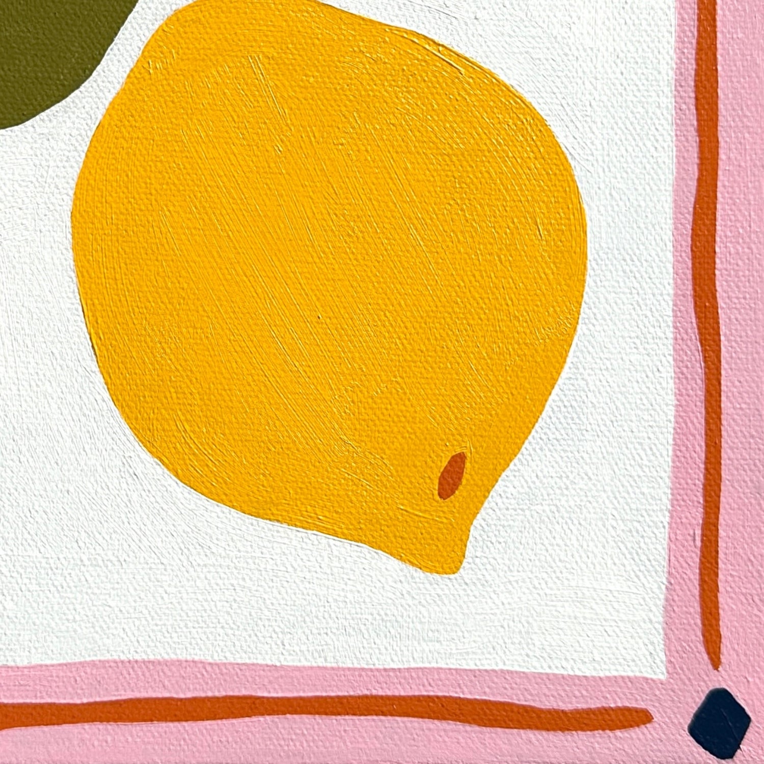 colorful modern and contemporary original oil artwork of a bright yellow lemon with olive green leaves and a pink border by emerging australian artist yani lenehan