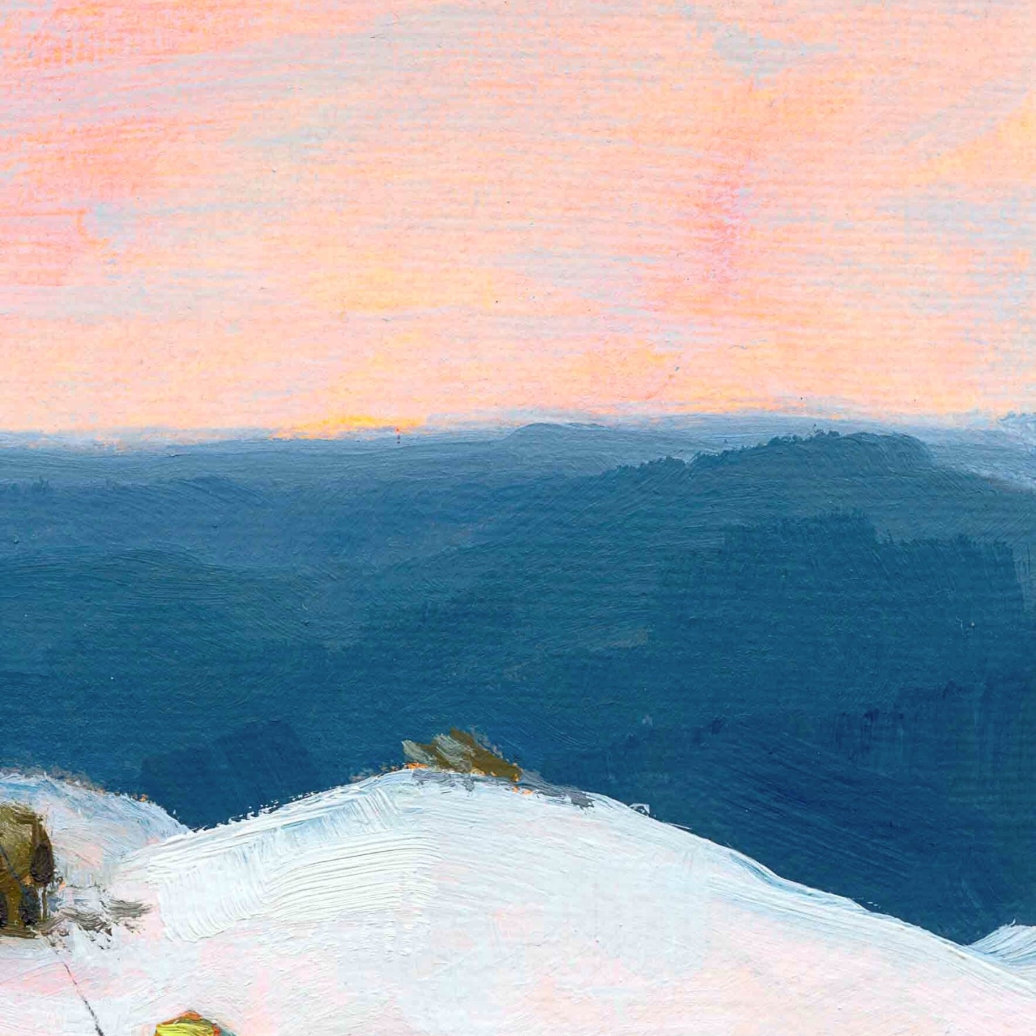 Painting of a landscape with a pink orange sky and blue mountains