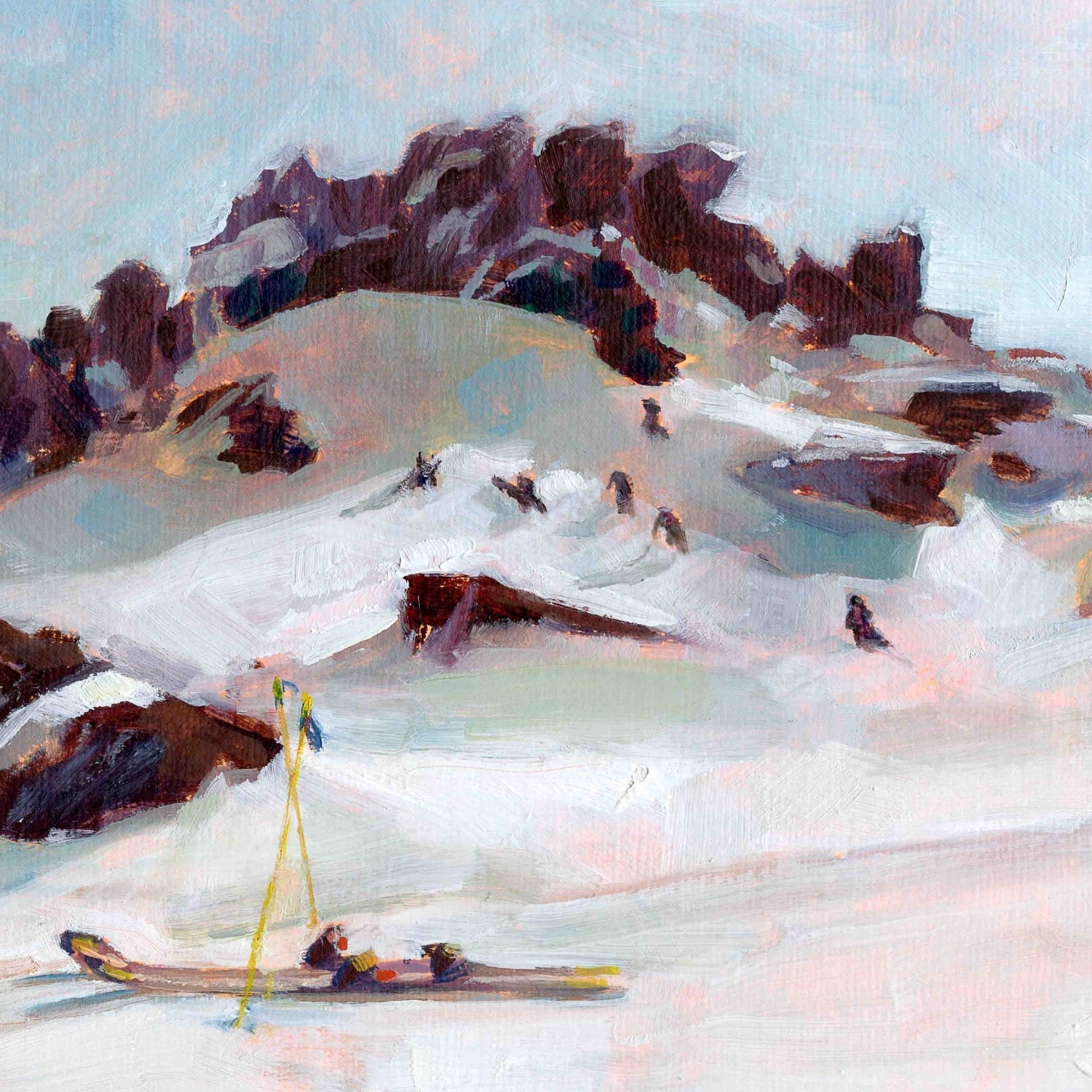 Painting of skiers on a snowy mountain landscape with a large rock formation.