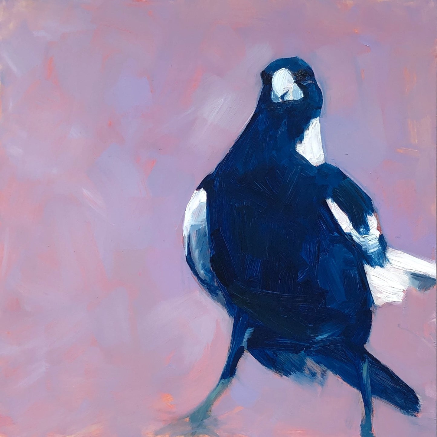 original oil painting of a magpie in navy and white on a smooth and textured lilac background