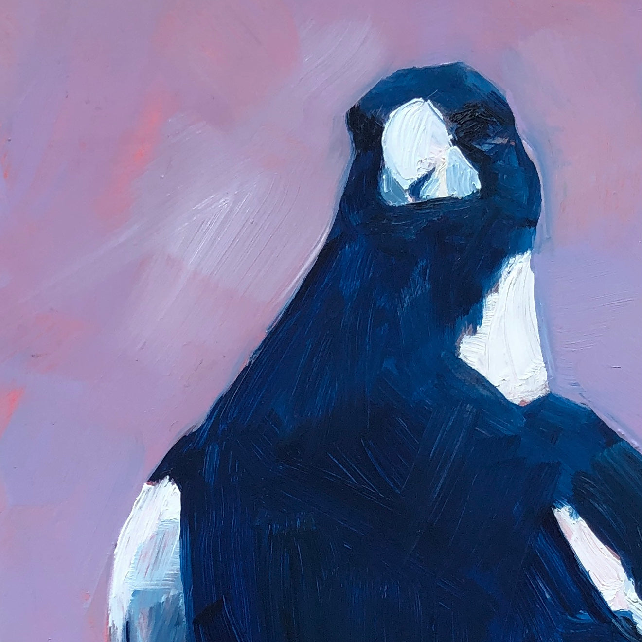 closeup of an original oil painting of a magpie in navy and white on a smooth and textured lilac background