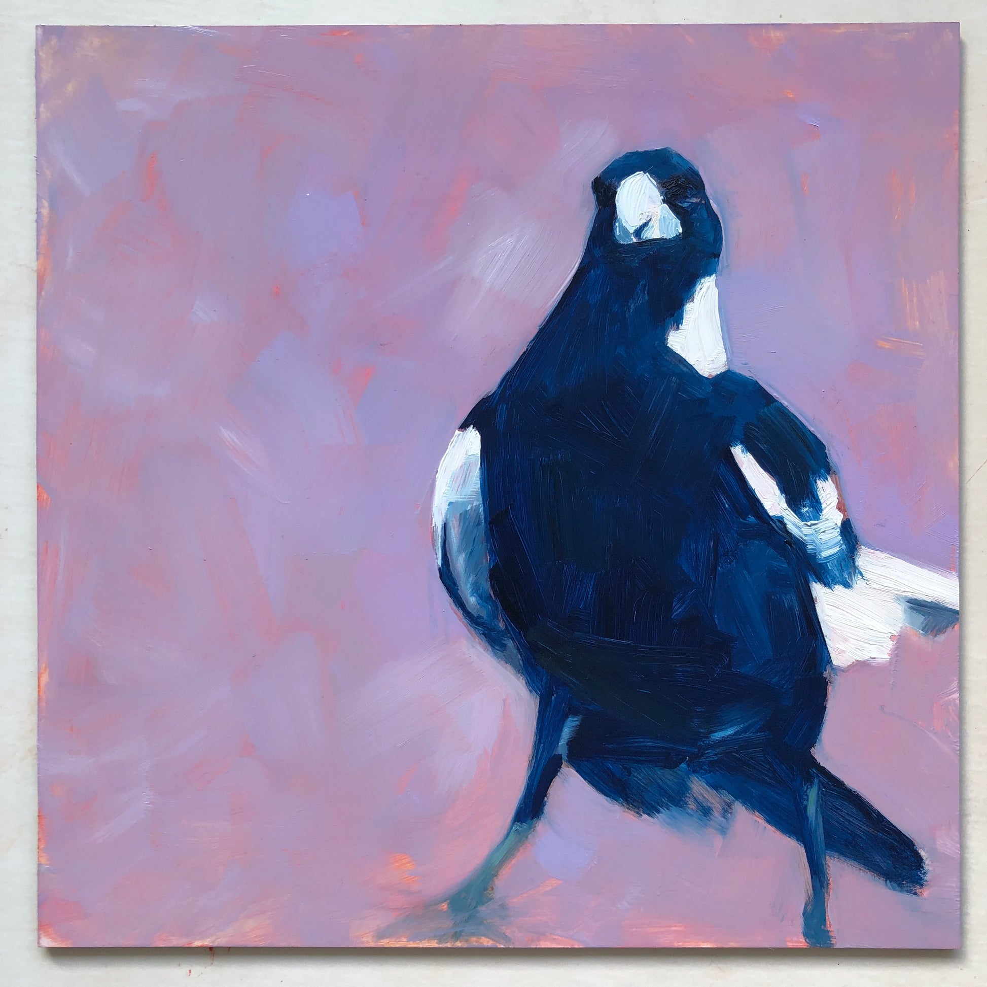 original oil painting of a magpie in navy and white on a smooth and textured lilac background