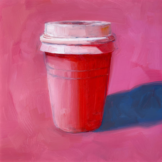 an original oil painting of a pink and red take away coffee cup on a textured bright pink background with strong greyish blue shadows