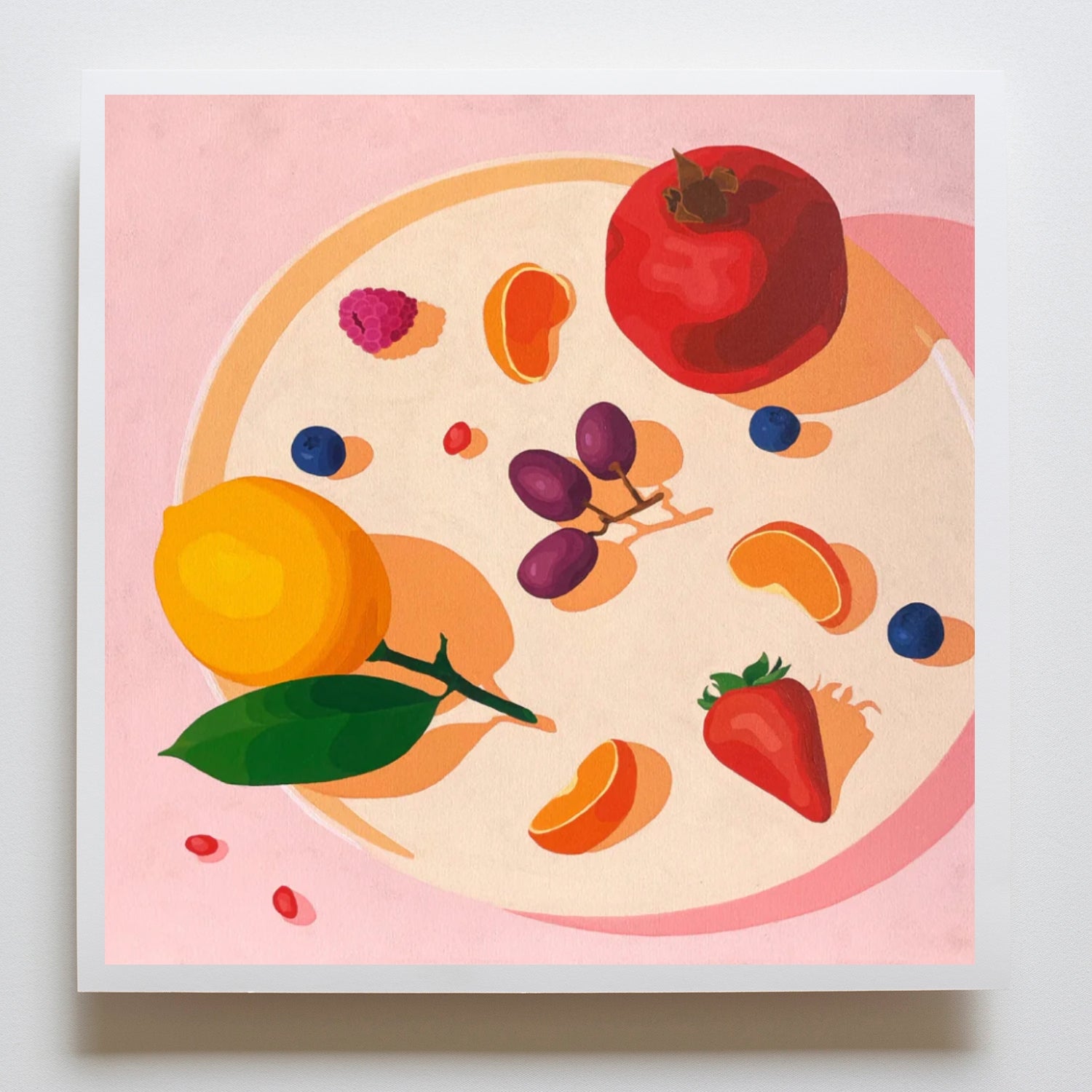 fine art print of an original oil painting of a pomegranate, grapes, lemon, strawberry, mandarine slices, blueberries and pomegranate seeds on a vanilla cream plate on a soft pink background
