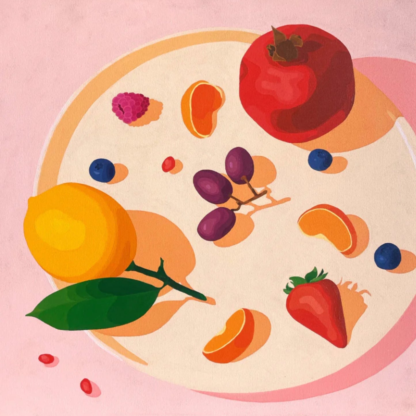 fine art print of an original oil painting of a pomegranate, grapes, lemon, strawberry, mandarine slices, blueberries and pomegranate seeds on a vanilla cream plate on a soft pink background