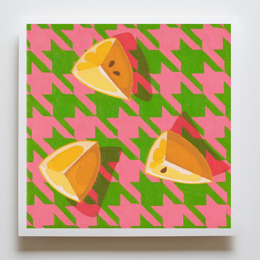 fine art print of a colorful and modern original oil painting of bright yellow lemons on a pink and green houndstooth background with strong shadows