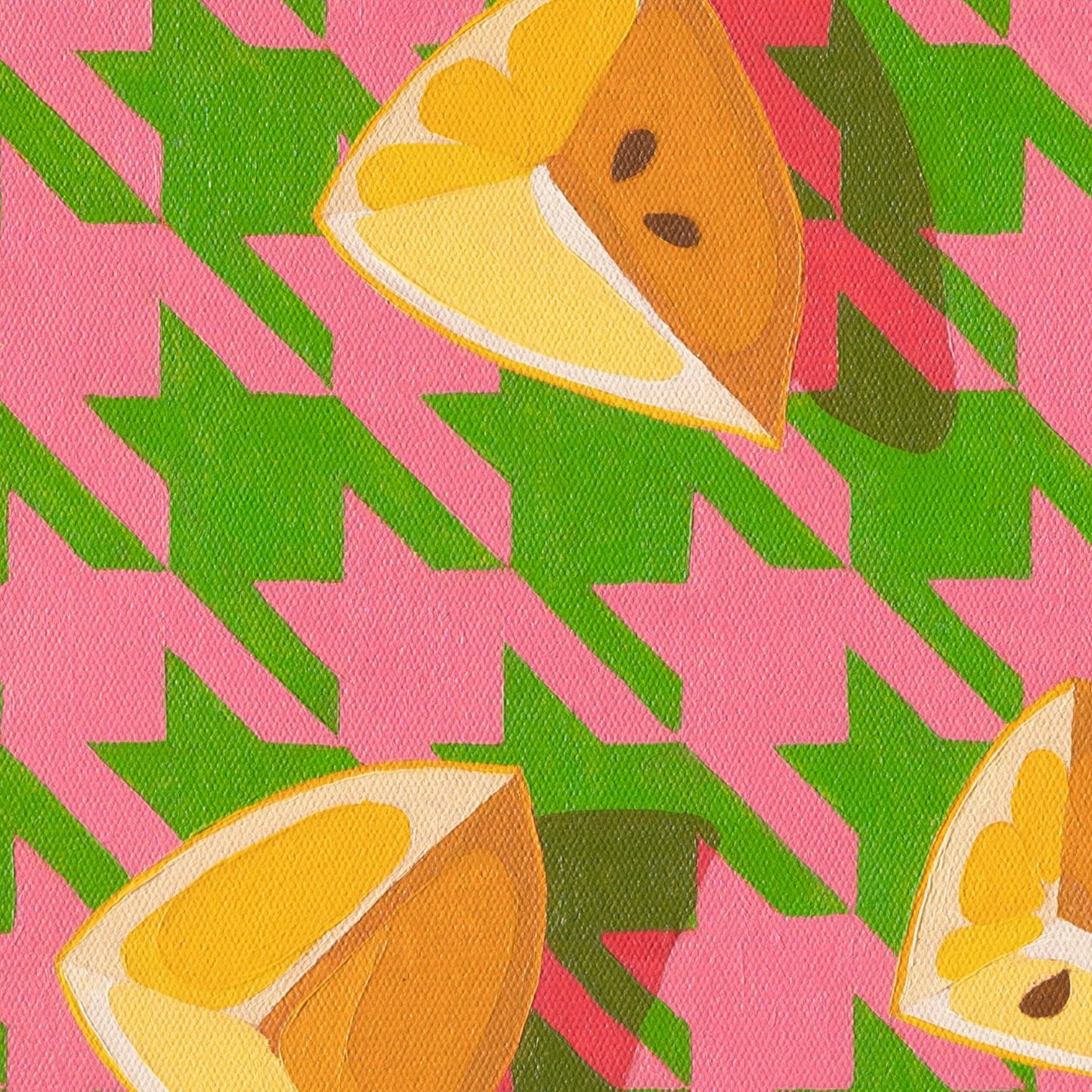 fine art print of a colorful and modern original oil painting of bright yellow lemons on a pink and green houndstooth background with strong shadows