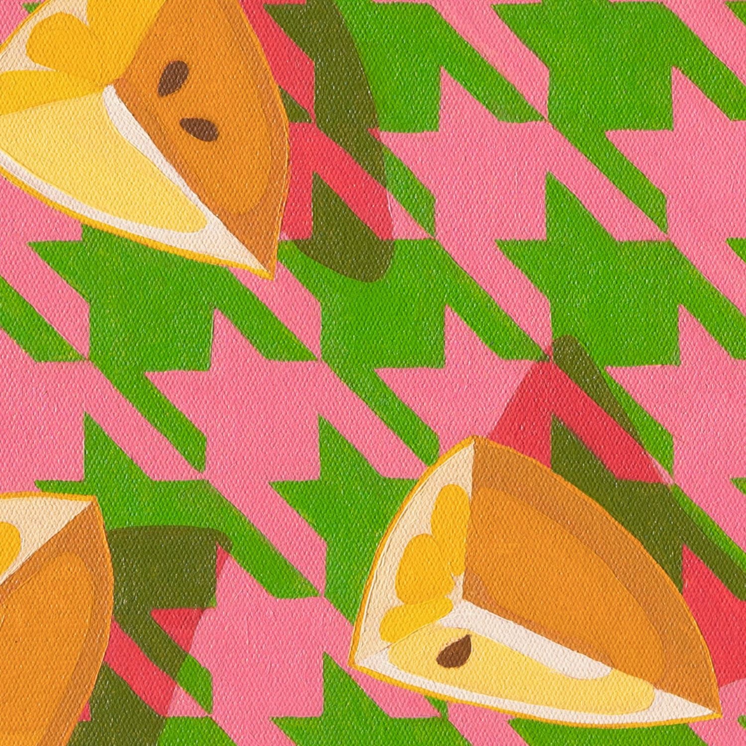 fine art print of a colorful and modern original oil painting of bright yellow lemons on a pink and green houndstooth background with strong shadows