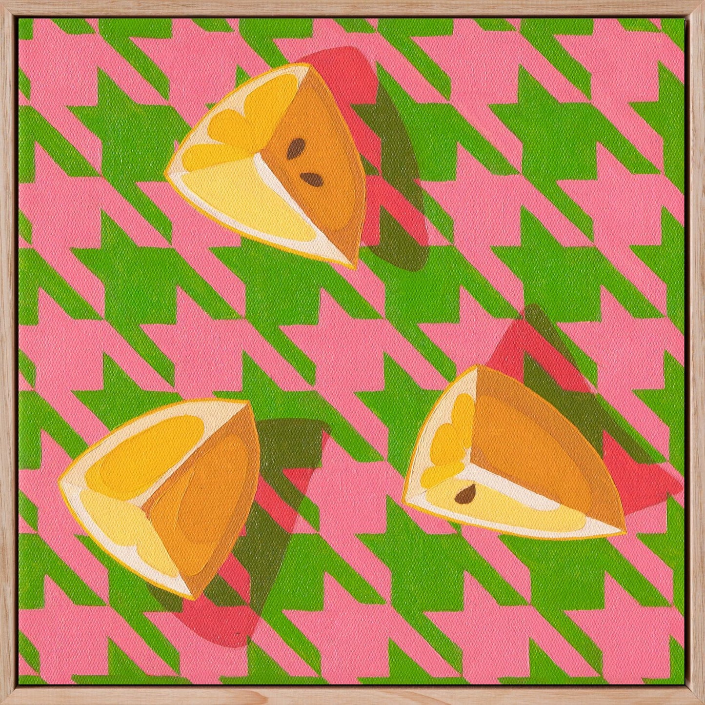 fine art print of a colorful and modern original oil painting of bright yellow lemons on a pink and green houndstooth background with strong shadows